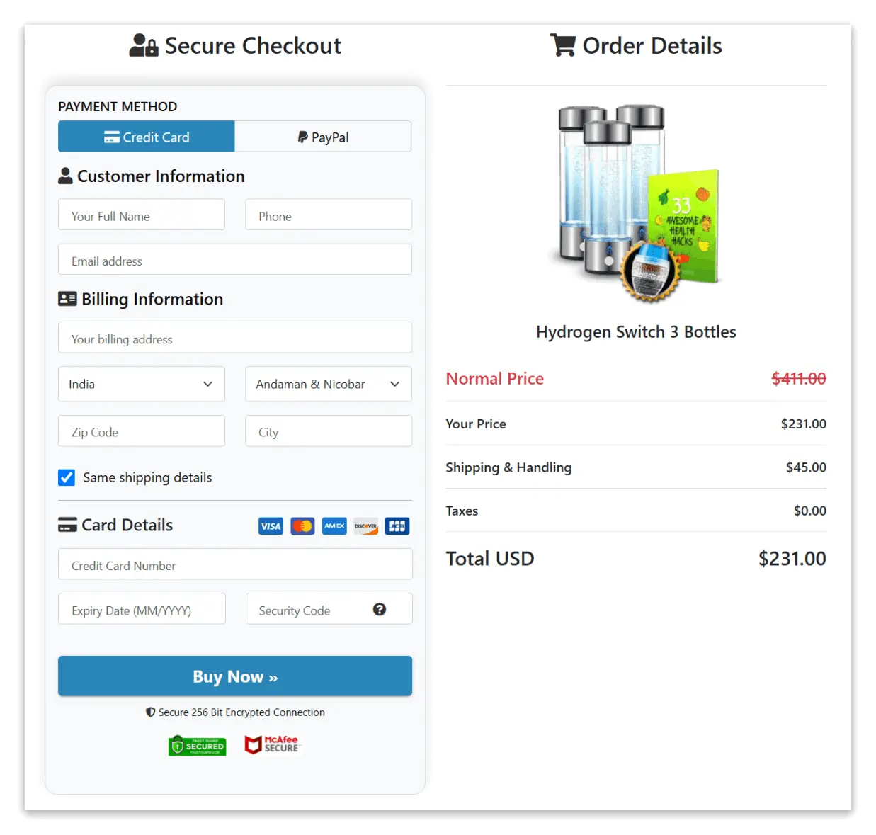 Hydrogen Switch Bottle checkout page